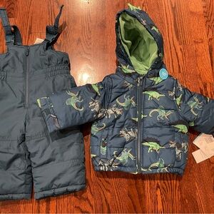 Carters Size 12 Months Snow Bib & Coat - Dinosaur Blue/Green - Brand New